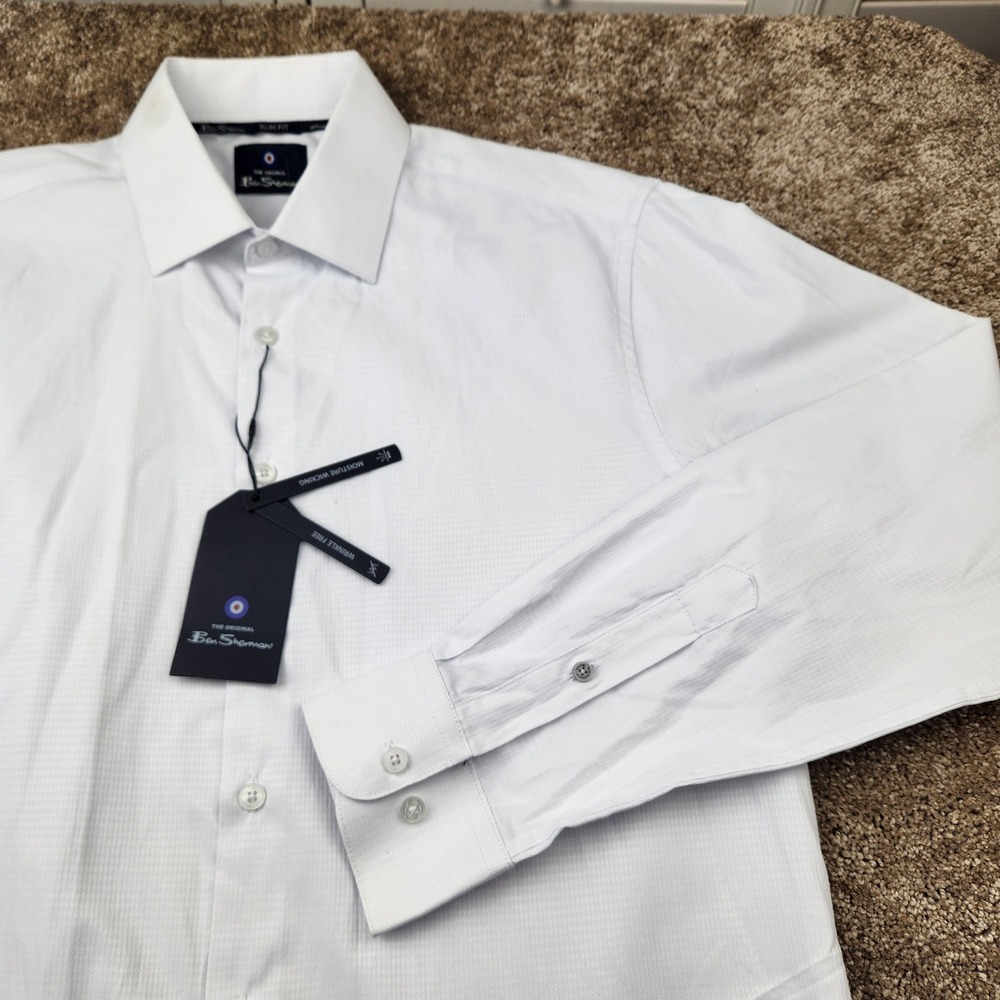 Ben Sherman Mens Slim Fit White Diamond Dobby Dress Shirt 15 15.5 32/33 NWT